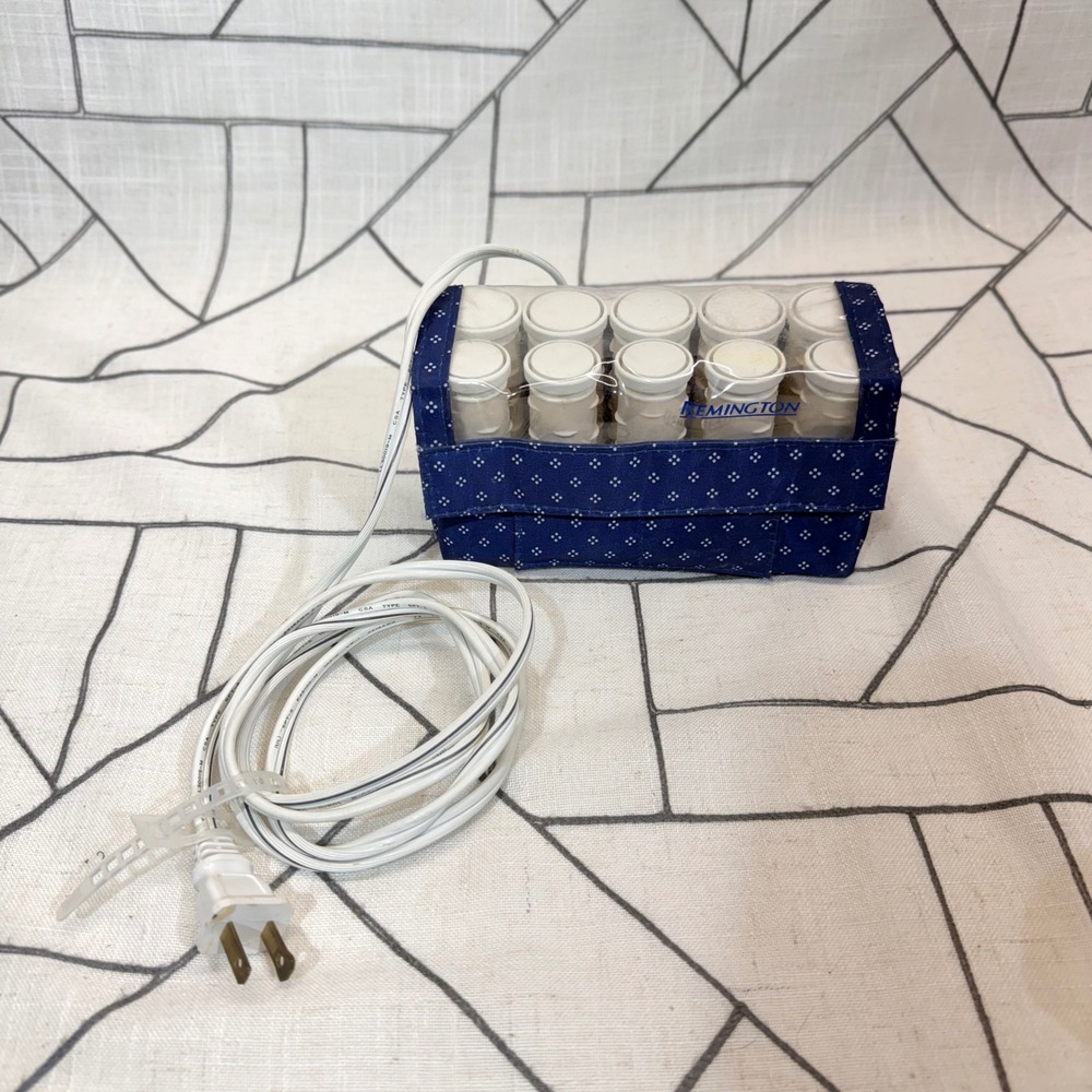 Remington Hot Roller VTG Travel Size Blue Patterned 10 Piece Electric Rollers